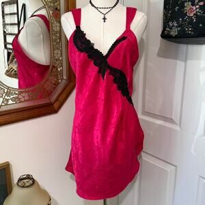 VTG 80s Victoria's Secret Bright Pink/Red Floral Black Beaded Lace Lingerie Slip